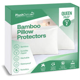 PlushDeluxe front packaging showing queen pillow protector set and benefits
