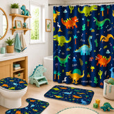 Poedist front view of dark blue dinosaur shower curtain showing cheerful motif and easy setup