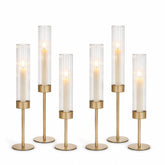 POKINE front view of six gold candle holders showing elegant centerpiece appeal