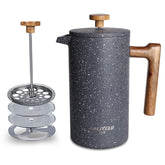 POLIVIAR lava front view showing insulated stainless carafe and wood handle for stylish durability