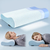 Polovo front view of blue contour pillow showing ergonomic shape and comfortable support