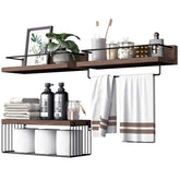 PopiShelves front view mounted showing dark brown wood and iron edges, saves space