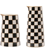 Porlien front view of both checker vases showing shape and contrast, ideal decor focus