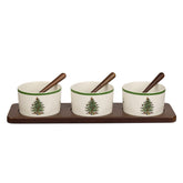 Portmeirion Spode front view of three ceramic bowls on acacia tray, elegant holiday serving