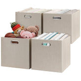 Posprica front view beige storage cubes showing tidy shelf benefit