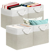 Posprica front view of four white/coffee fabric cube bins showing neat storage benefits