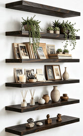 PHPH front view of six brown floating shelves showing clean package and uniform finish, great for styling