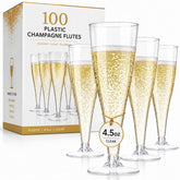 Prestee front packaging showing clear disposable champagne flutes and elegant appeal