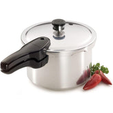 Presto front view of 4-quart pressure cooker showing handles and polished finish, durable convenience