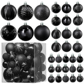 PREXTEX front view of 36-piece black ornament set showing variety and ready-to-hang benefit