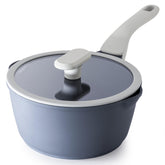 PRICUSIS front view with lid showing compact, durable saucepan benefits