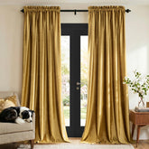 PRIMROSE front view of gold velvet curtain packaging showing premium set benefit