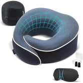 Proglobe front view of blue travel pillow showing supportive shape and comfort
