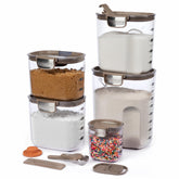 ProKeeper clear canister set front view showing taupe lids and neat storage benefit