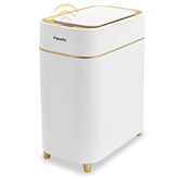 Pukomc front view of automatic trash can showing compact design and hands-free benefit
