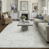 PureCozy front view of blue vintage area rug showing full design and ambience