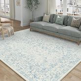 PureCozy front view of 5x7 blue rug showing vintage pattern and welcoming look