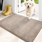 PURRUGS front view taupe mat showing clean design and welcome