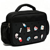 pVq front view of black lunch bag showing charm area and portability benefit