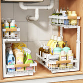 PXRACK front view of two-pack white under sink organizers showing compact design benefit