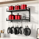 PXRACK front view of wall-mounted pot rack showing organized cookware benefit
