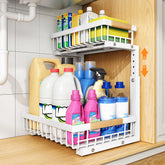 PXRACK front view of white under sink organizer showing tidy storage benefit