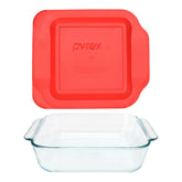 Pyrex 222 front view showing dish and red lid, reliable oven-to-fridge use