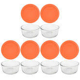 Pyrex front packaging showing 6-pack glass bowls and orange lids, clear labeling benefit