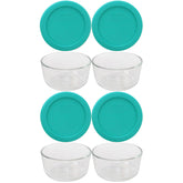 Pyrex 7202 front view showing four bowls and turquoise lids, clear visibility benefit
