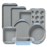 Pyrex cerulean full set front view showing modern two-tone finish and organized layout