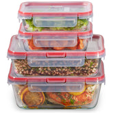 Pyrex Freshlock front view showing four glass containers and lids, organized storage benefit