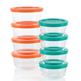 Pyrex front view of 8-pack set showing containers and lids for organized storage