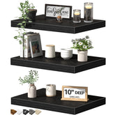 QEEIG front view of three black floating shelves showing clean lines and storage