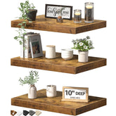 QEEIG front view of brown floating shelf set showing neat storage benefit