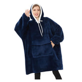 Qeils front view navy hoodie blanket showing oversized fit and warmth