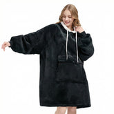 Qeils front view of Carbon Black hoodie showing oversized fit and cozy look