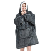 Qeils front view of dark grey wearable hoodie showing fit and coverage benefit