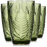 QELVIO green glass set front view with fern texture, adds vintage charm