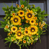 Qiexuxing front view wreath showing bright sunflowers and welcoming entry benefit