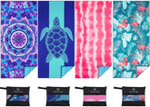 Qinqinamu front view of folded towel pack showing vibrant prints and portability