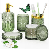QIQU front view of full green glass set, organized vanity benefit