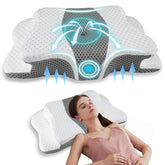 QIUBABYO front view of pillow packaging showing product benefit of clear support