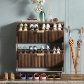QIVOMIX walnut cabinet front view showing slim profile and organized storage benefit