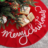 QLEKEY front view of red tree skirt showing festive finish and easy styling