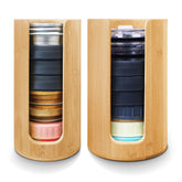 QOOMABA front view of bamboo lid boxes showing tidy storage and warm finish