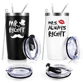 Qtencas front view of Mr. Right and Mrs. Always Right tumblers showing matching design and gift appeal