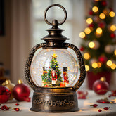Qualdout front view of nutcracker lantern showing warm illumination and holiday scene