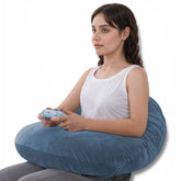 QUEEN ROSE front view of velvet blue pillow showing shape and plush comfort