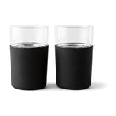 Rabbit front view of two black freezable beer glasses showing sleek design and benefit of chilling
