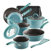 Rachael Ray front view of Agave Blue 10-piece set showing complete cookware